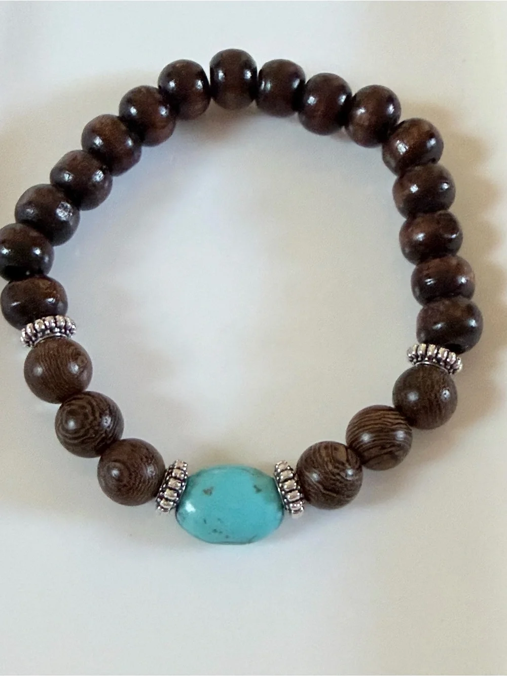 Brown Wood Bead Bracelet with Turquoise Accent - UNISEX